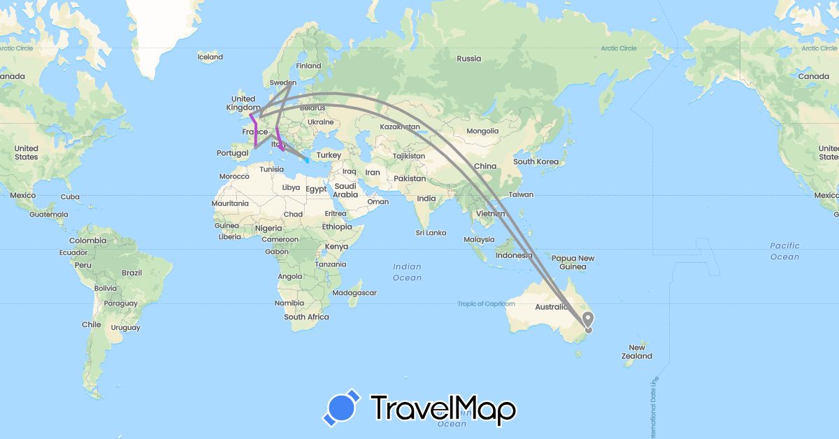 TravelMap itinerary: driving, plane, train, boat in Australia, Belgium, Germany, Spain, France, United Kingdom, Greece, Italy, Netherlands, Sweden (Europe, Oceania)
